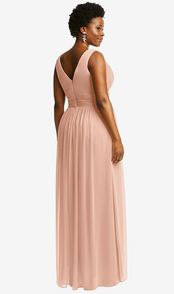 Back View - Pale Peach Sleeveless Draped Chiffon Maxi Dress with Front Slit