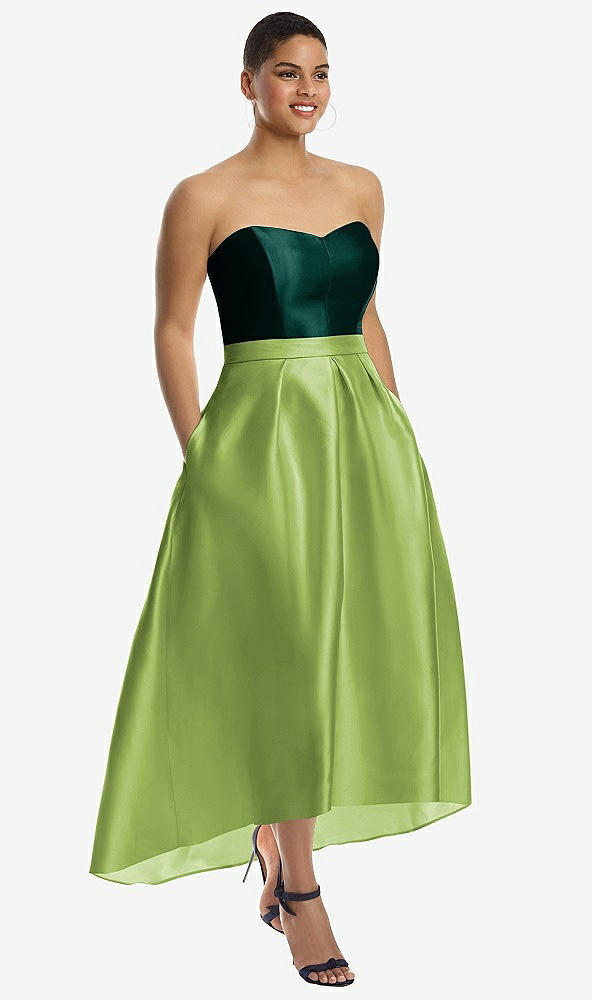 Front View - Mojito & Evergreen Strapless Satin High Low Dress with Pockets
