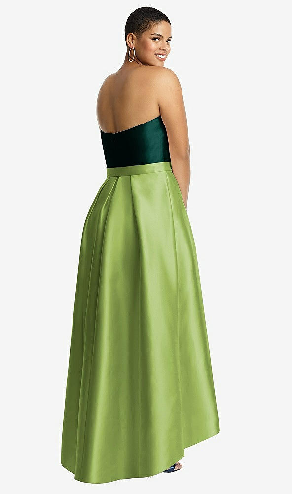 Back View - Mojito & Evergreen Strapless Satin High Low Dress with Pockets