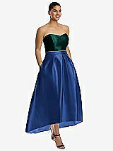 Front View Thumbnail - Classic Blue & Evergreen Strapless Satin High Low Dress with Pockets