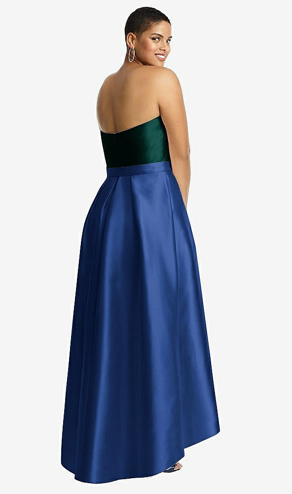 Back View - Classic Blue & Evergreen Strapless Satin High Low Dress with Pockets