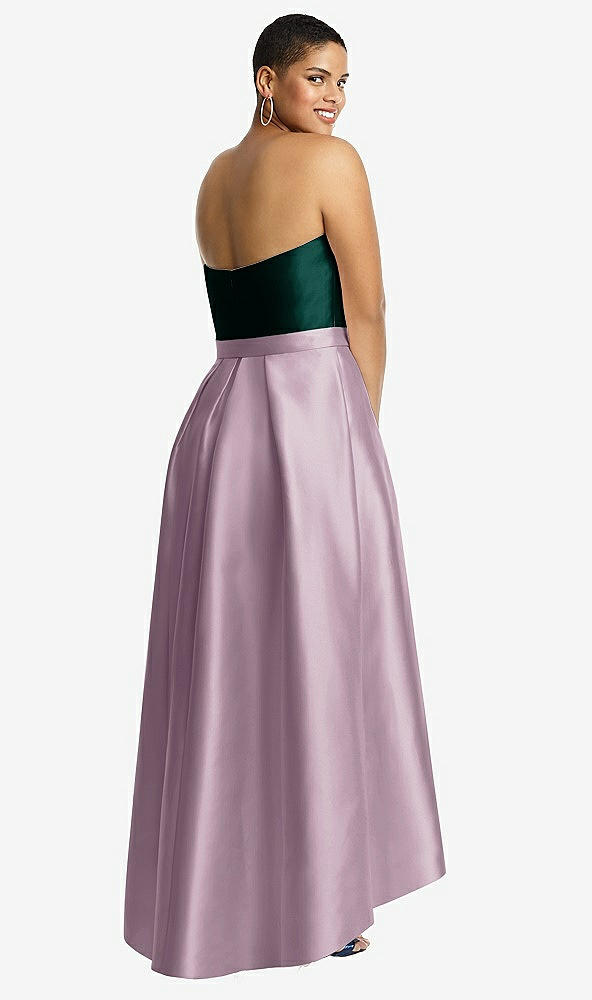 Back View - Suede Rose & Evergreen Strapless Satin High Low Dress with Pockets