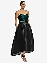 Front View Thumbnail - Black & Evergreen Strapless Satin High Low Dress with Pockets
