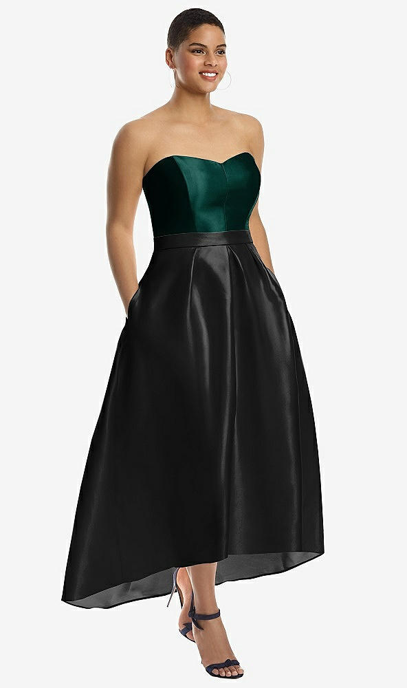 Front View - Black & Evergreen Strapless Satin High Low Dress with Pockets