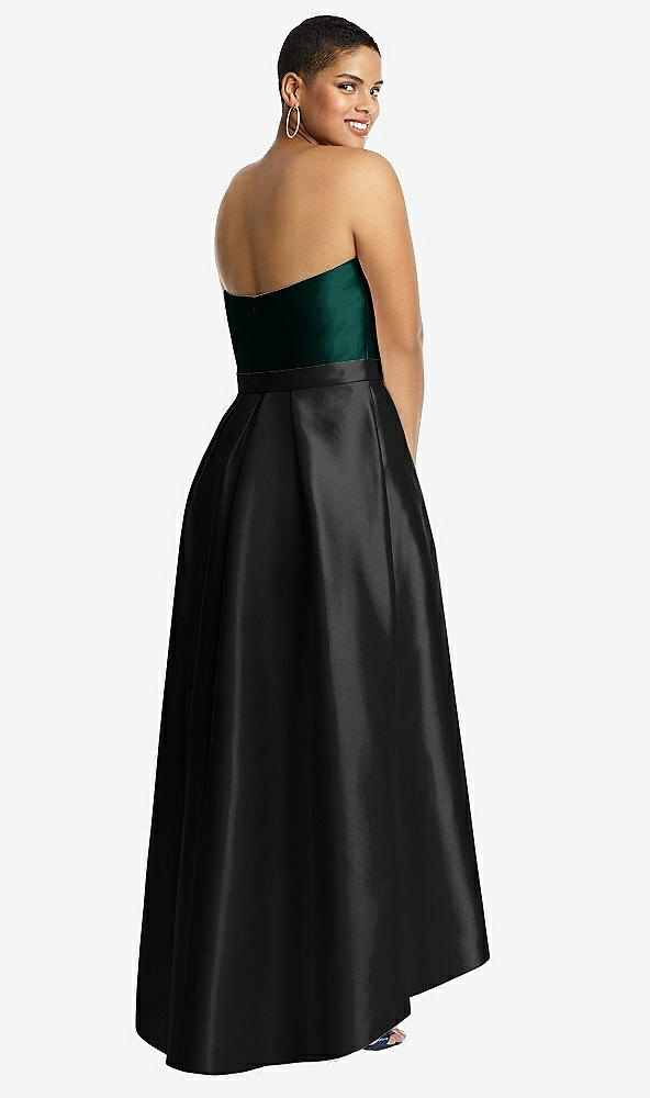 Back View - Black & Evergreen Strapless Satin High Low Dress with Pockets