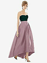 Alt View 1 Thumbnail - Dusty Rose & Evergreen Strapless Satin High Low Dress with Pockets