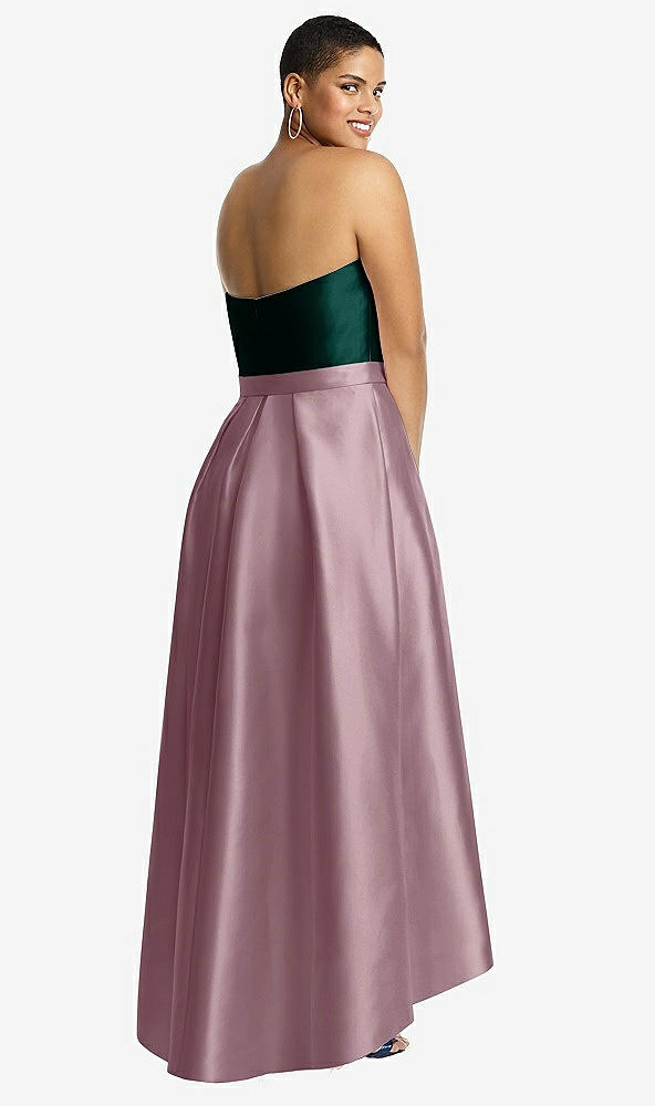 Back View - Dusty Rose & Evergreen Strapless Satin High Low Dress with Pockets