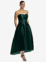 Front View Thumbnail - Evergreen & Evergreen Strapless Satin High Low Dress with Pockets