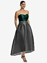 Front View Thumbnail - Gunmetal & Evergreen Strapless Satin High Low Dress with Pockets