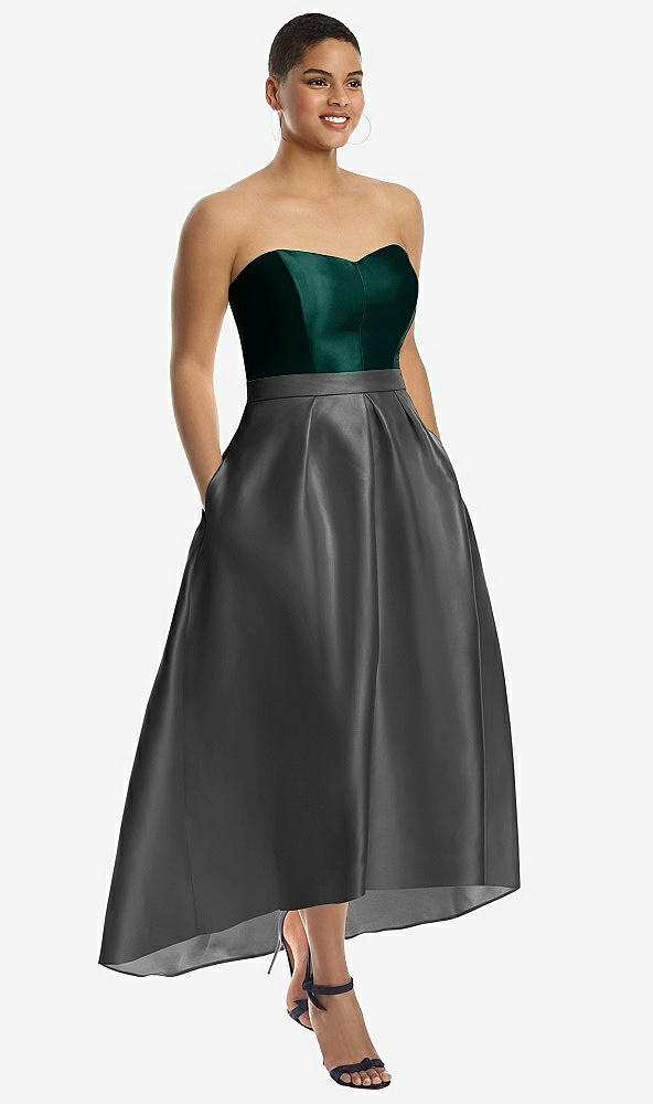 Front View - Gunmetal & Evergreen Strapless Satin High Low Dress with Pockets