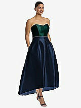 Front View Thumbnail - Midnight Navy & Evergreen Strapless Satin High Low Dress with Pockets