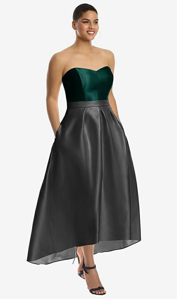 Front View - Pewter & Evergreen Strapless Satin High Low Dress with Pockets