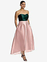 Front View Thumbnail - Rose - PANTONE Rose Quartz & Evergreen Strapless Satin High Low Dress with Pockets