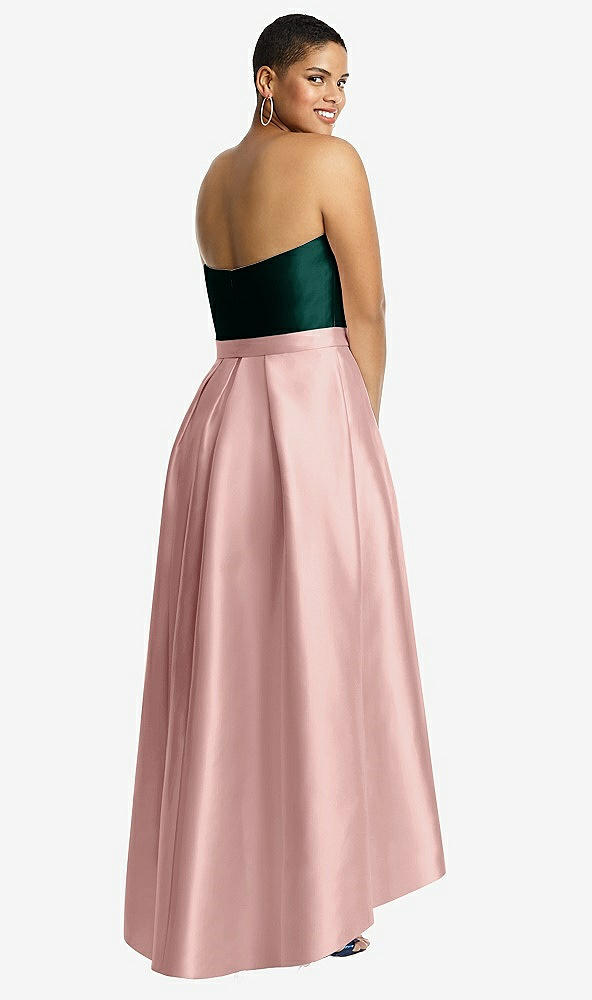 Back View - Rose - PANTONE Rose Quartz & Evergreen Strapless Satin High Low Dress with Pockets
