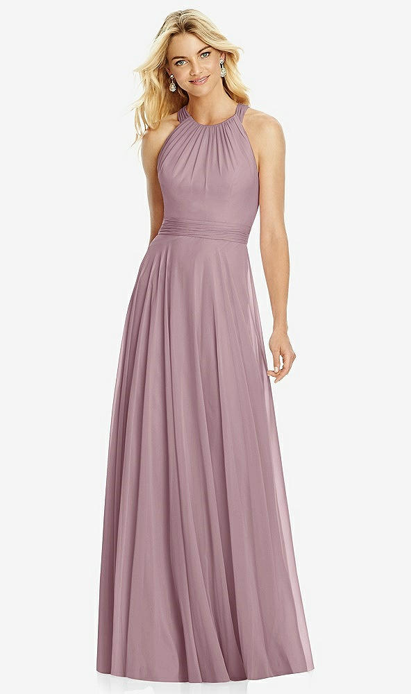 Front View - Dusty Rose Cross Strap Open-Back Halter Maxi Dress