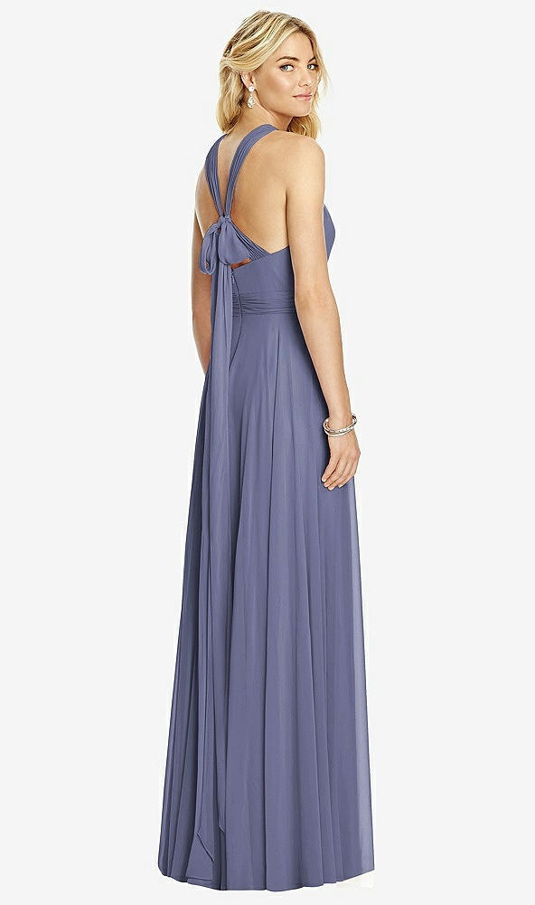 Back View - French Blue Cross Strap Open-Back Halter Maxi Dress
