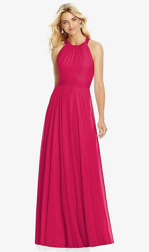 Front View - Vivid Pink Cross Strap Open-Back Halter Maxi Dress