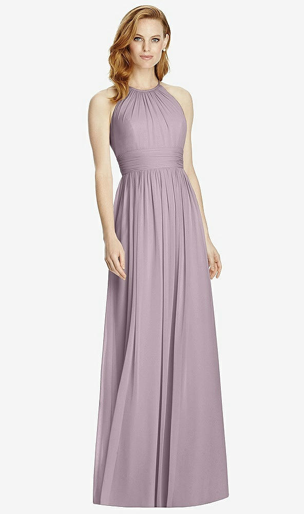 Front View - Lilac Dusk Cutout Open-Back Shirred Halter Maxi Dress