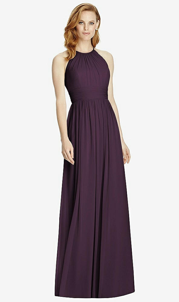 Front View - Aubergine Cutout Open-Back Shirred Halter Maxi Dress