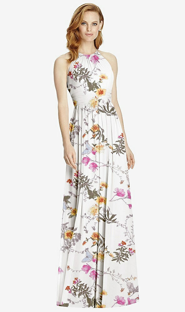 Front View - Butterfly Botanica Ivory Cutout Open-Back Shirred Halter Maxi Dress