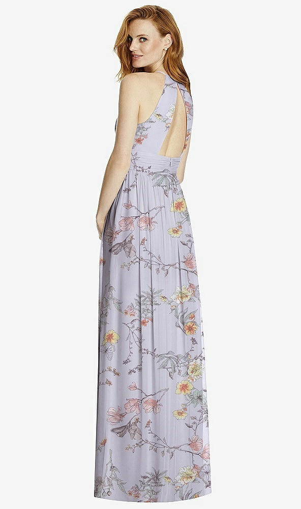 Back View - Butterfly Botanica Silver Dove Cutout Open-Back Shirred Halter Maxi Dress