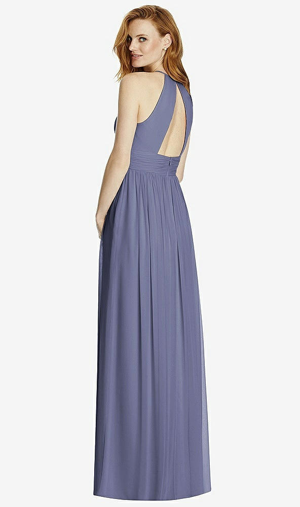 Back View - French Blue Cutout Open-Back Shirred Halter Maxi Dress