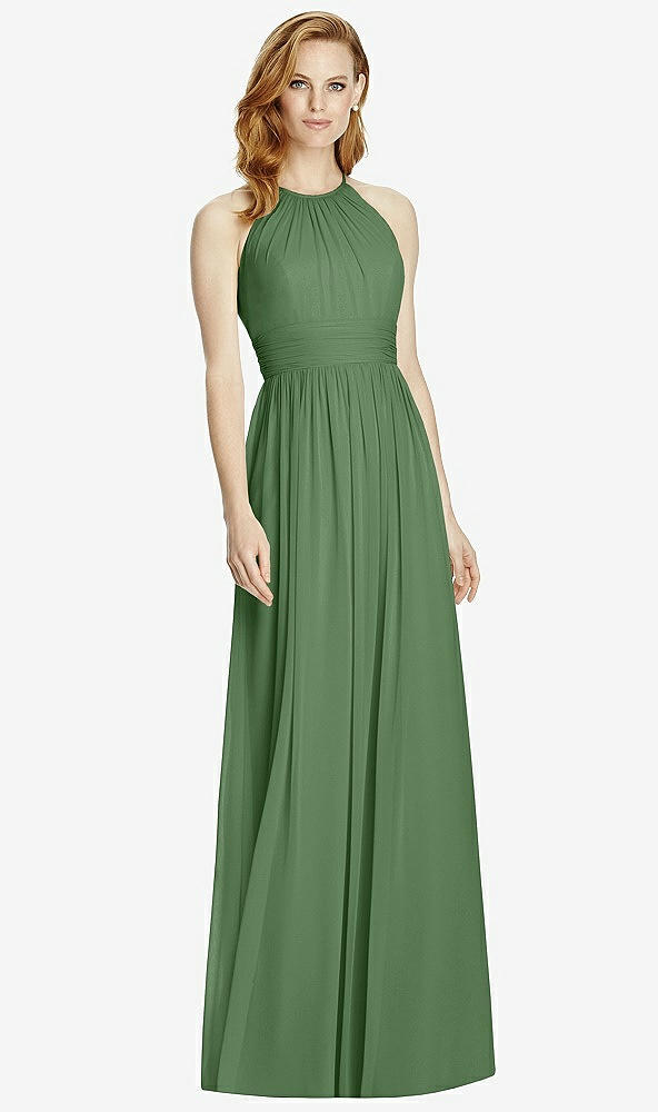 Front View - Vineyard Green Cutout Open-Back Shirred Halter Maxi Dress