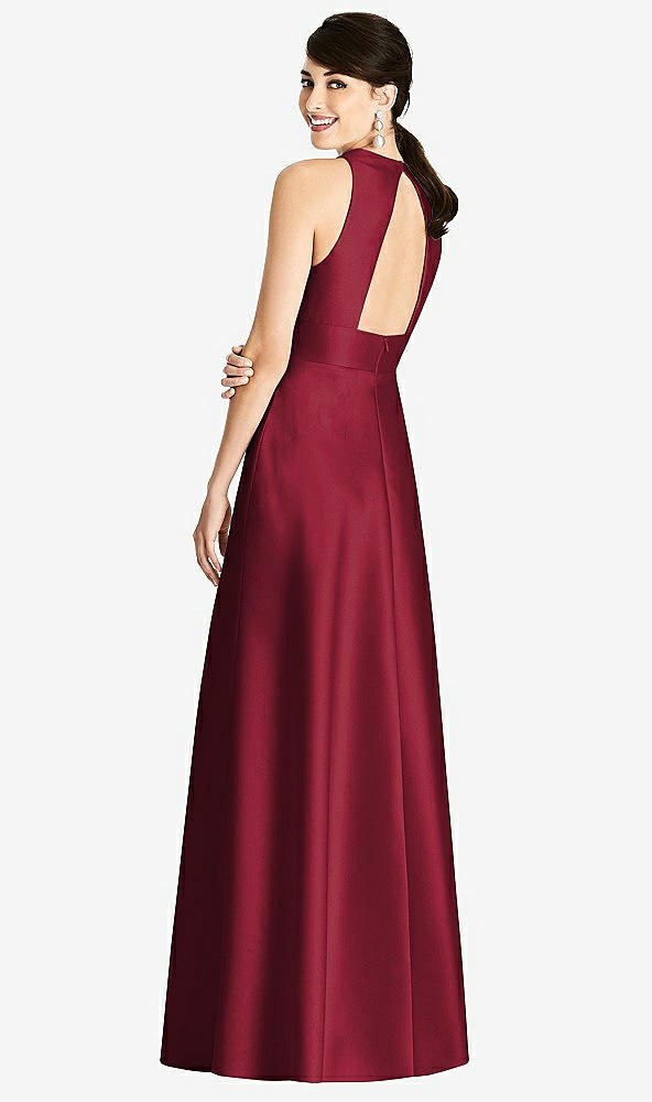 Back View - Burgundy Sleeveless Open-Back Pleated Skirt Dress with Pockets