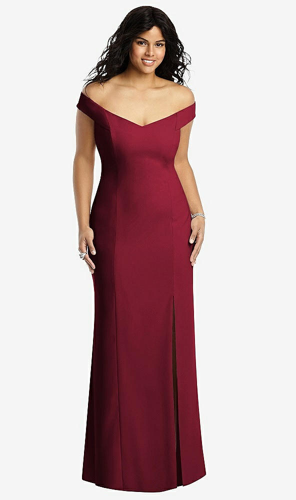 Front View - Burgundy Off-the-Shoulder Criss Cross Back Trumpet Gown