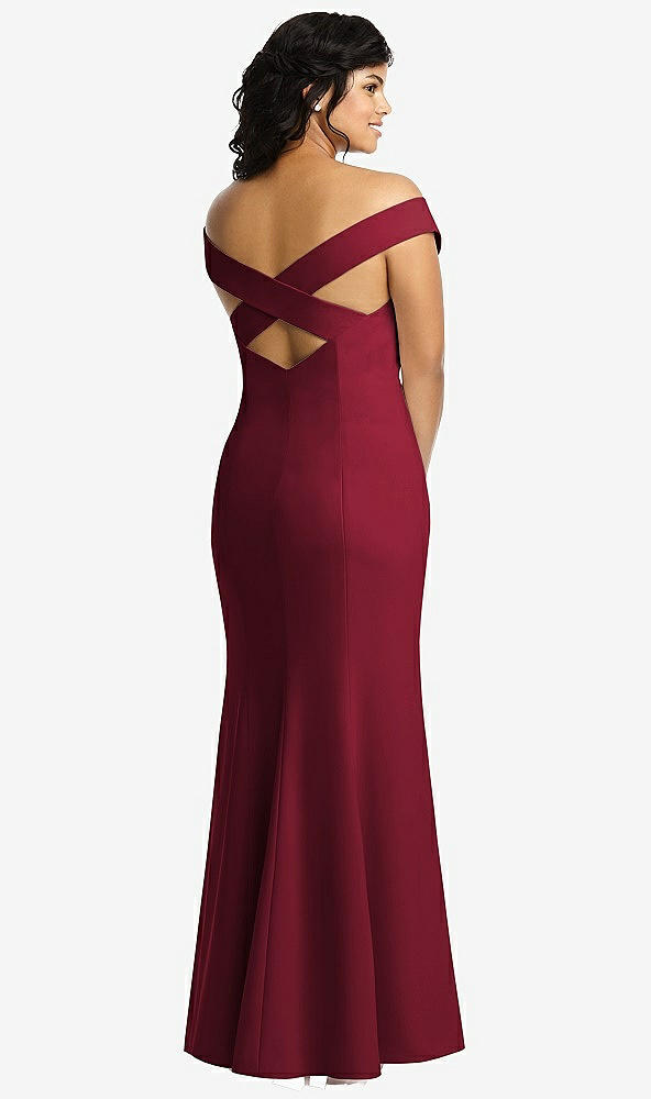 Back View - Burgundy Off-the-Shoulder Criss Cross Back Trumpet Gown