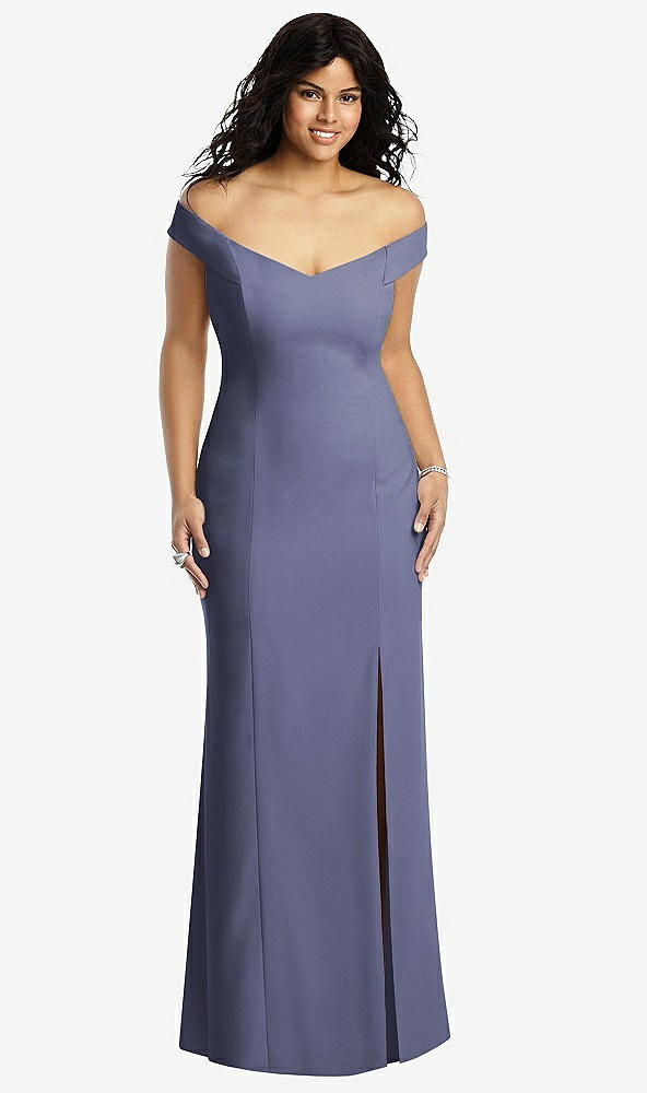 Front View - French Blue Off-the-Shoulder Criss Cross Back Trumpet Gown