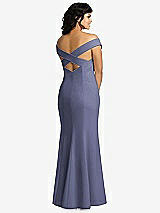 Rear View Thumbnail - French Blue Off-the-Shoulder Criss Cross Back Trumpet Gown