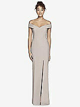 Alt View 2 Thumbnail - Taupe Off-the-Shoulder Criss Cross Back Trumpet Gown