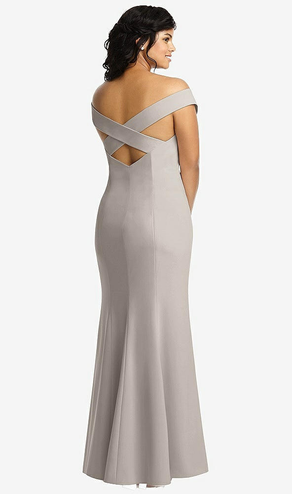 Back View - Taupe Off-the-Shoulder Criss Cross Back Trumpet Gown