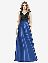 Front View Thumbnail - Classic Blue & Black Sleeveless A-Line Satin Dress with Pockets