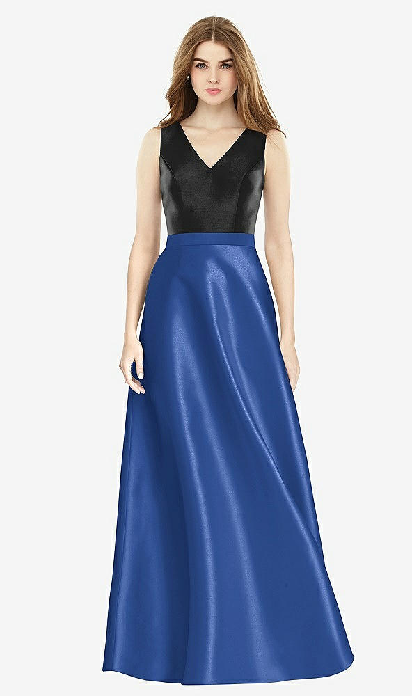 Front View - Classic Blue & Black Sleeveless A-Line Satin Dress with Pockets