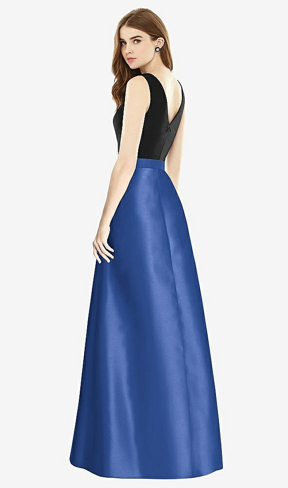 Back View - Classic Blue & Black Sleeveless A-Line Satin Dress with Pockets