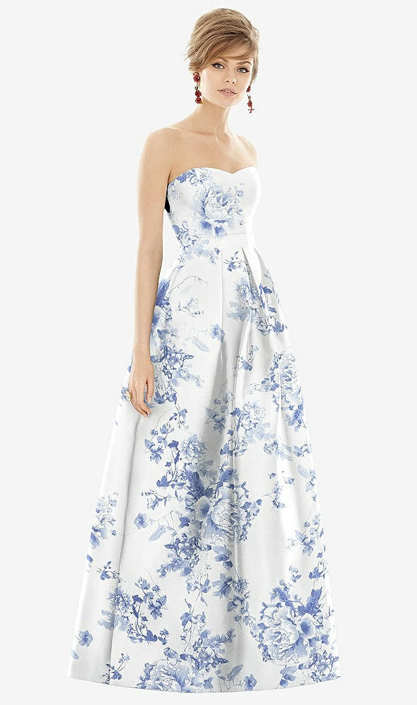 Front View - Cottage Rose Larkspur Strapless Pleated Skirt Floral Satin Maxi Dress with Pockets