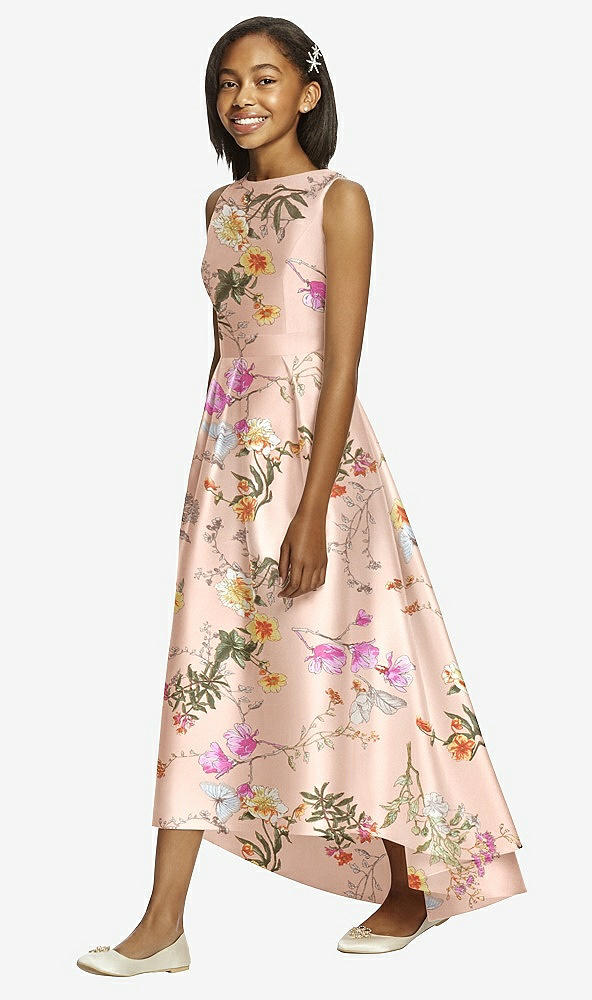 Front View - Butterfly Botanica Pink Sand Floral Bateau Neck High-Low Junior Bridesmaid Dress with Pockets