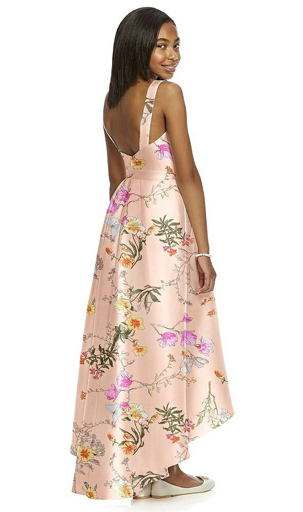 Back View - Butterfly Botanica Pink Sand Floral Bateau Neck High-Low Junior Bridesmaid Dress with Pockets