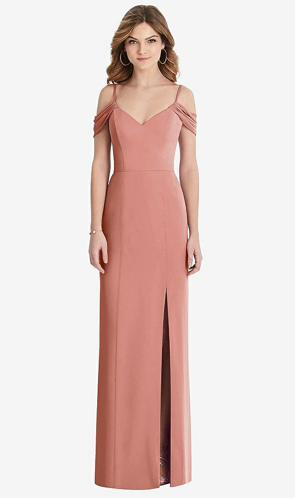 Front View - Desert Rose Off-the-Shoulder Chiffon Trumpet Gown with Front Slit