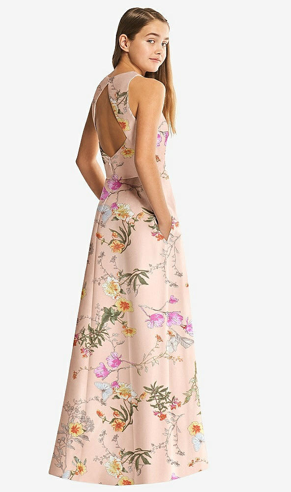 Back View - Butterfly Botanica Pink Sand Floral Sleeveless Open-Back Satin Junior Bridesmaid Dress