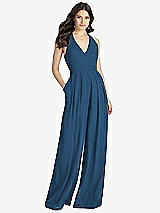 Front View Thumbnail - Dusk Blue V-Neck Backless Pleated Front Jumpsuit - Arielle