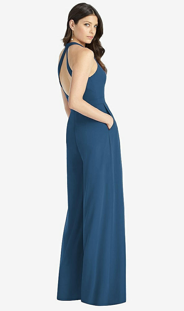 Back View - Dusk Blue V-Neck Backless Pleated Front Jumpsuit - Arielle