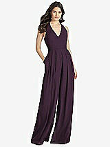 Front View Thumbnail - Aubergine V-Neck Backless Pleated Front Jumpsuit - Arielle