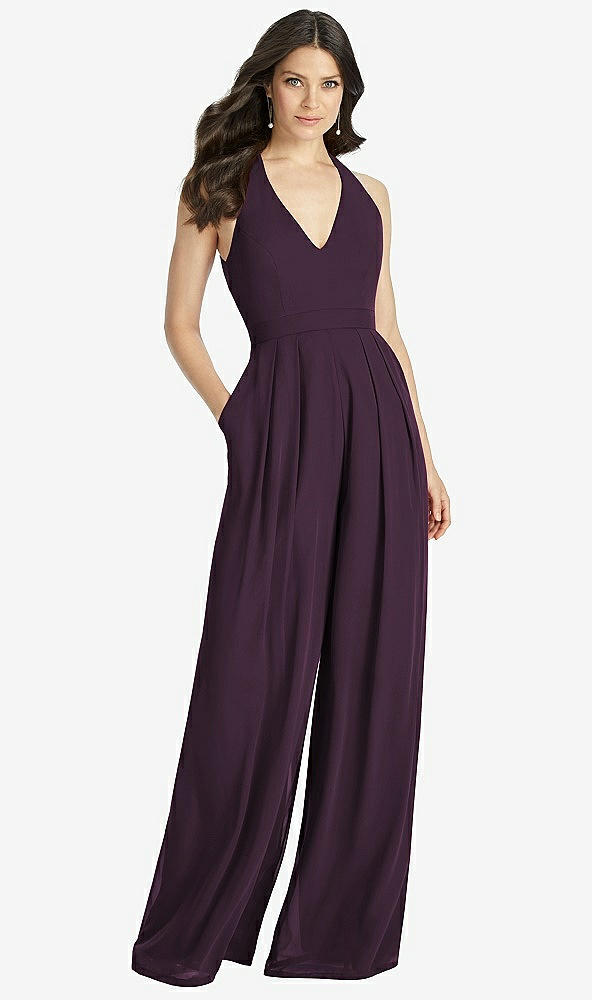 Front View - Aubergine V-Neck Backless Pleated Front Jumpsuit - Arielle