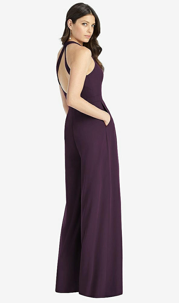 Back View - Aubergine V-Neck Backless Pleated Front Jumpsuit - Arielle