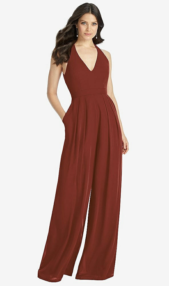 Front View - Auburn Moon V-Neck Backless Pleated Front Jumpsuit - Arielle