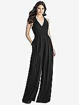 Front View Thumbnail - Black V-Neck Backless Pleated Front Jumpsuit - Arielle