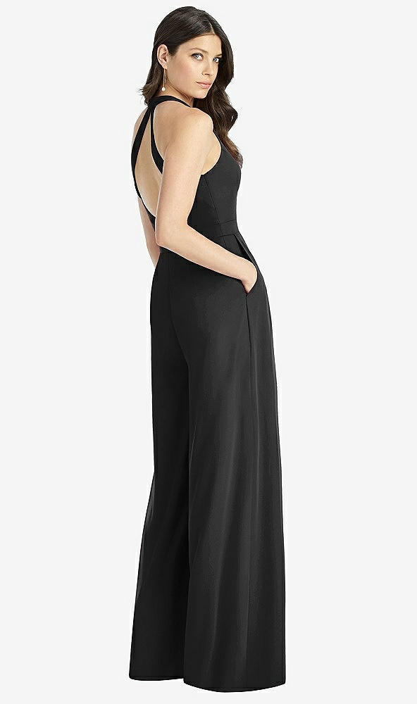 Back View - Black V-Neck Backless Pleated Front Jumpsuit - Arielle